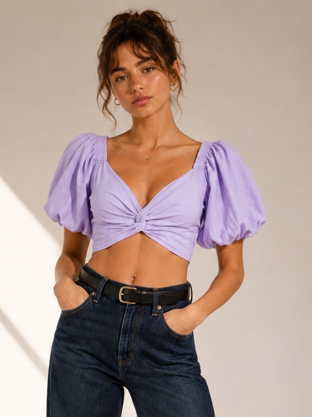 Dynamite Indie Lilac Puff Sleeve Twist Front Crop Top Size S